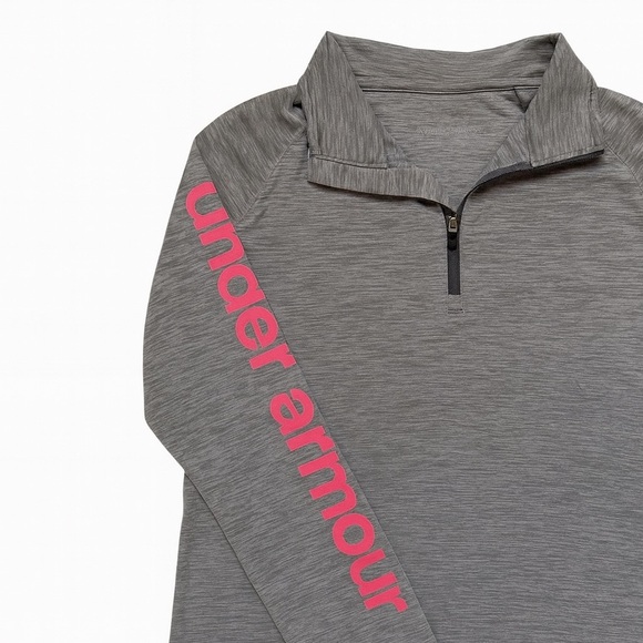 Under Armour -Heat Gear- Gray with Pink Logo - 1/4 Zip Pullover Size XL Girl - Picture 2 of 2